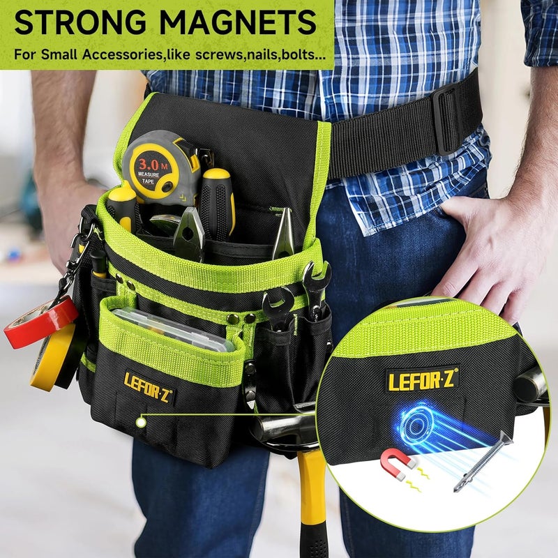 LEFORZ Tool Belt,Magnetic Tool Pouch,14-Pockets Tool Belts for Men,Detachable & Adjustable Tool Pouch belt for Electrician,Carpenter,Construction,Work Apron,Utility Belt,Black-Green - Image 3